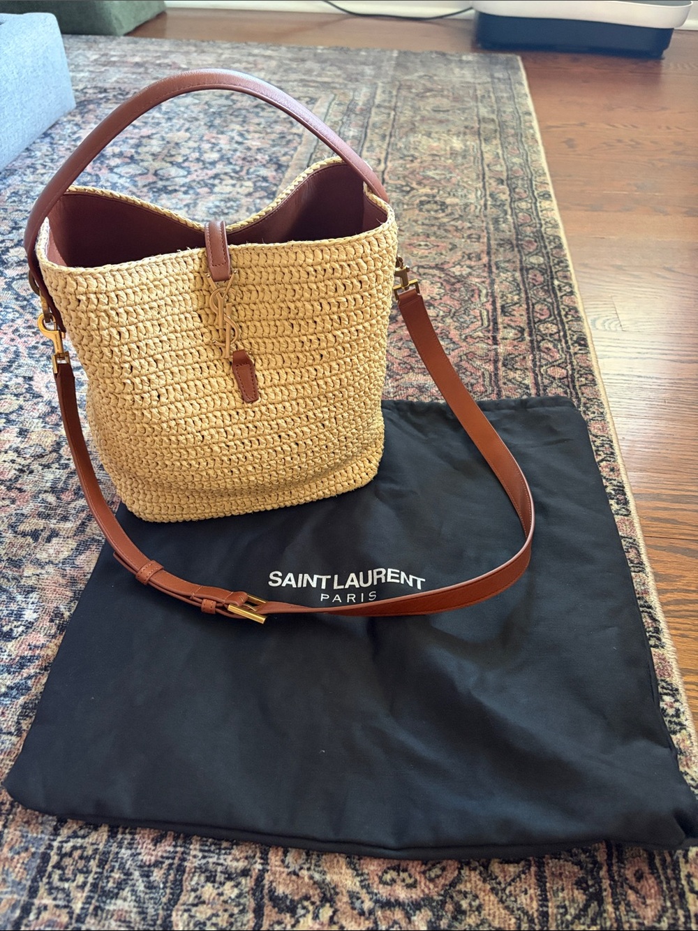 Yves Saint Laurent Raffia Bucket Bag with Brown Leather Strap